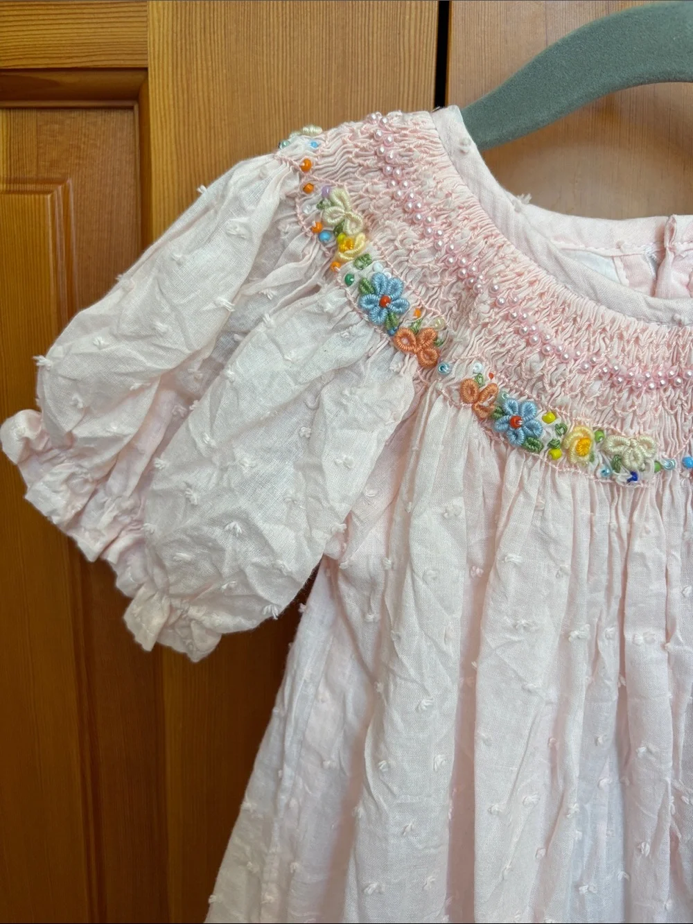 Smocked Beaded Pink Cotton Girls' Dress 2/3 Best LIKE NEW BEAUTIFUL